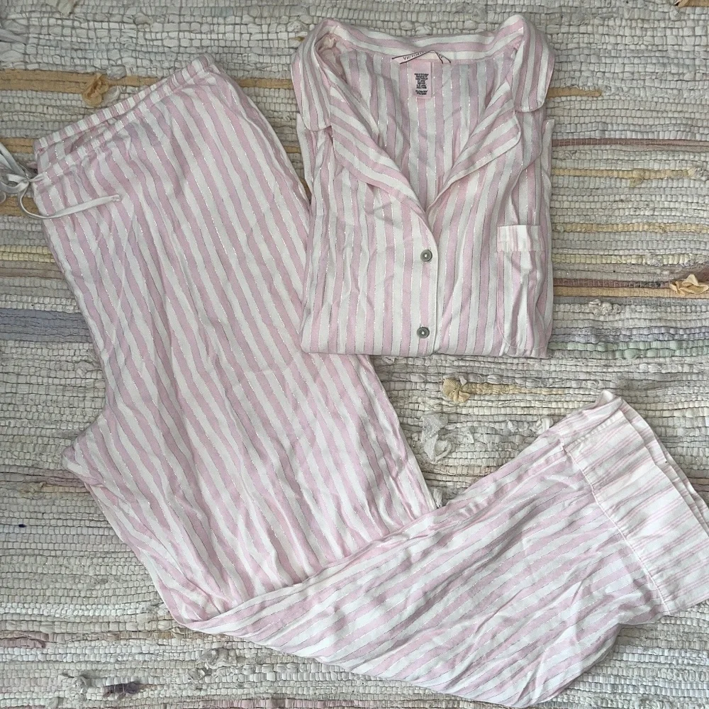 Victoria’s Secret 2 Piece Set Pink and White with Silver Striped Pajamas - Picture 2 of 9